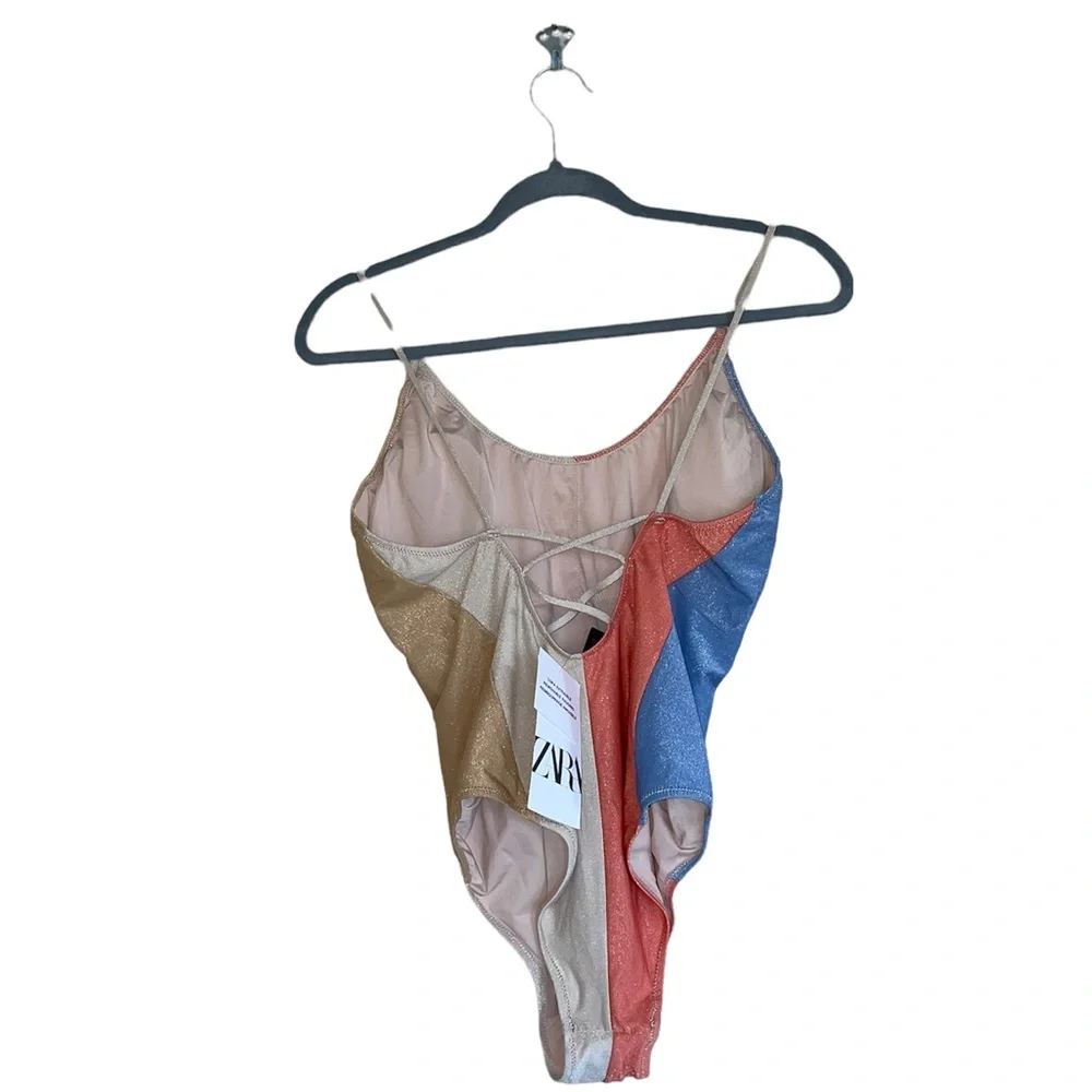 NWT ZARA SWIMSUIT WITH METALLIC THREAD STRIPED BLOGGERS FAV LARGE